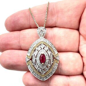 Womens Necklace 10K Yellow White Gold Diamond Ruby 1.5 Pendant 22 Inch 8.6 Grams